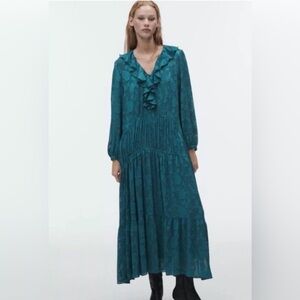 NWOT Zara Duck Green Jacquard Maxi Dress with Ruffles Size M/L